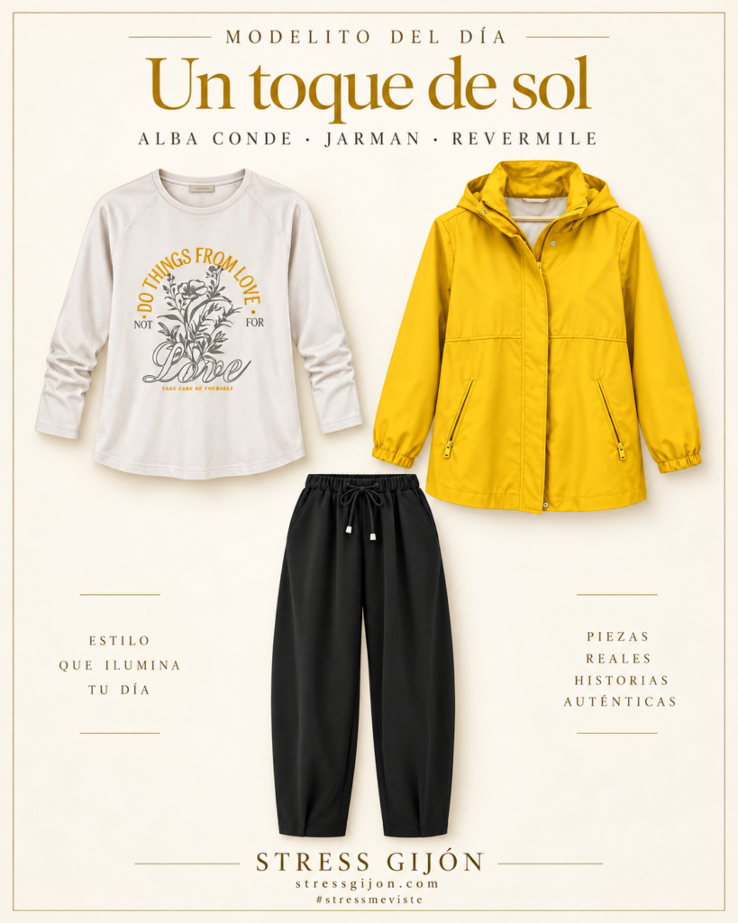 Camiseta cruda con dibujo de Alba Conde, pantalón bombacho negro de Jarman y parka amarilla con capucha de ReverMile.