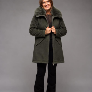 Abrigo khaki con cuello de pelo desmontable Satinette