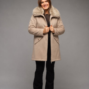 Abrigo camel con cuello de pelo desmontable Satinette