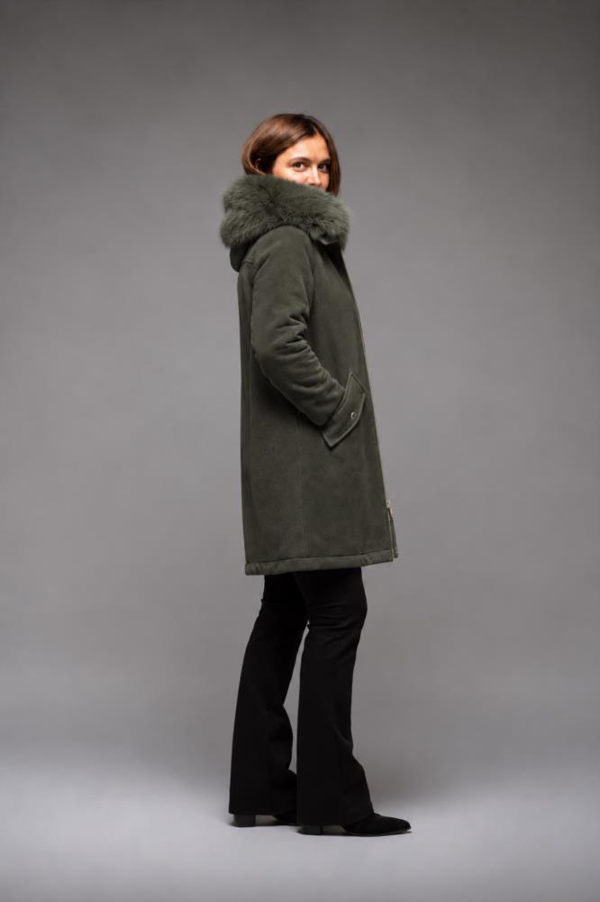 Abrigo khaki con cuello de pelo desmontable Satinette - Imagen 2