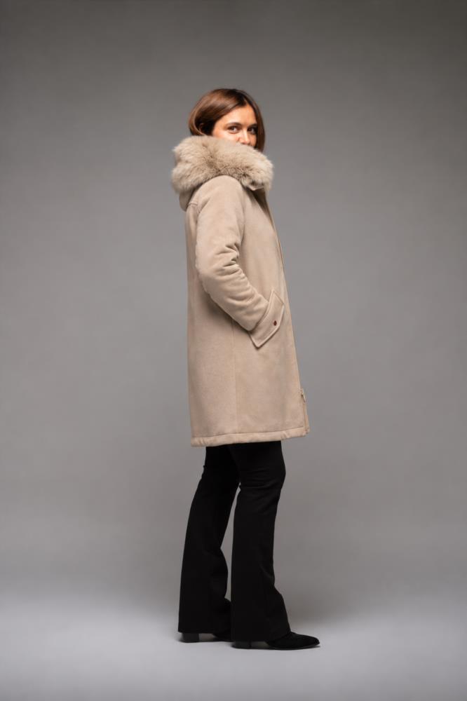 Abrigo camel con cuello de pelo desmontable Satinette - Imagen 2
