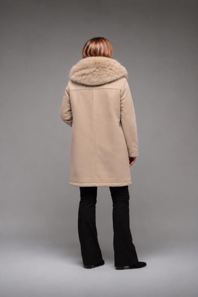 Abrigo camel con cuello de pelo desmontable Satinette - Imagen 3