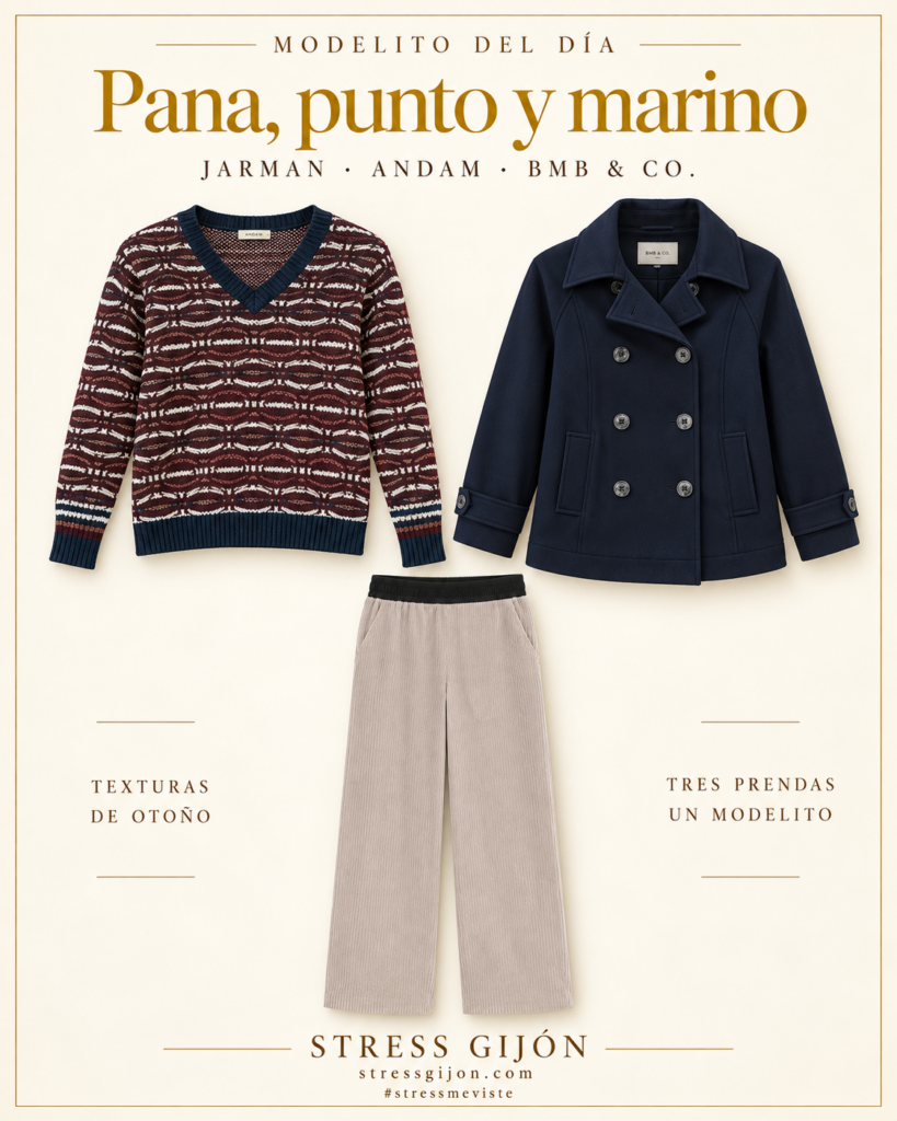 Modelito Pana, punto y marino: pantalón ancho de pana gris perla Jarman, jersey estampado Andam y gabardina corta azul marino BMB.